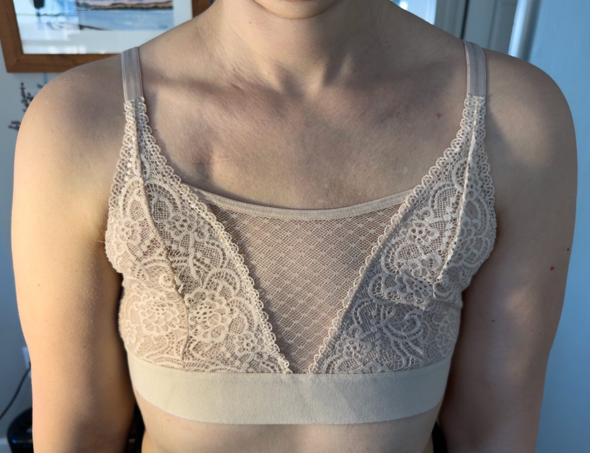 Fit reference image showing how a standard bra sits on a flat chest. Research artifact.
