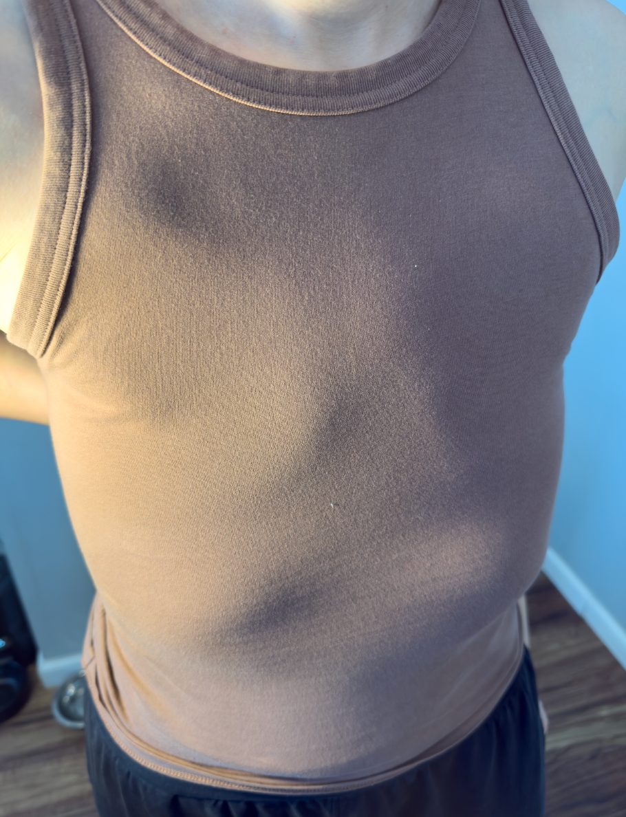 Fit reference image showing t-shirt silhouette mismatch. Research artifact.